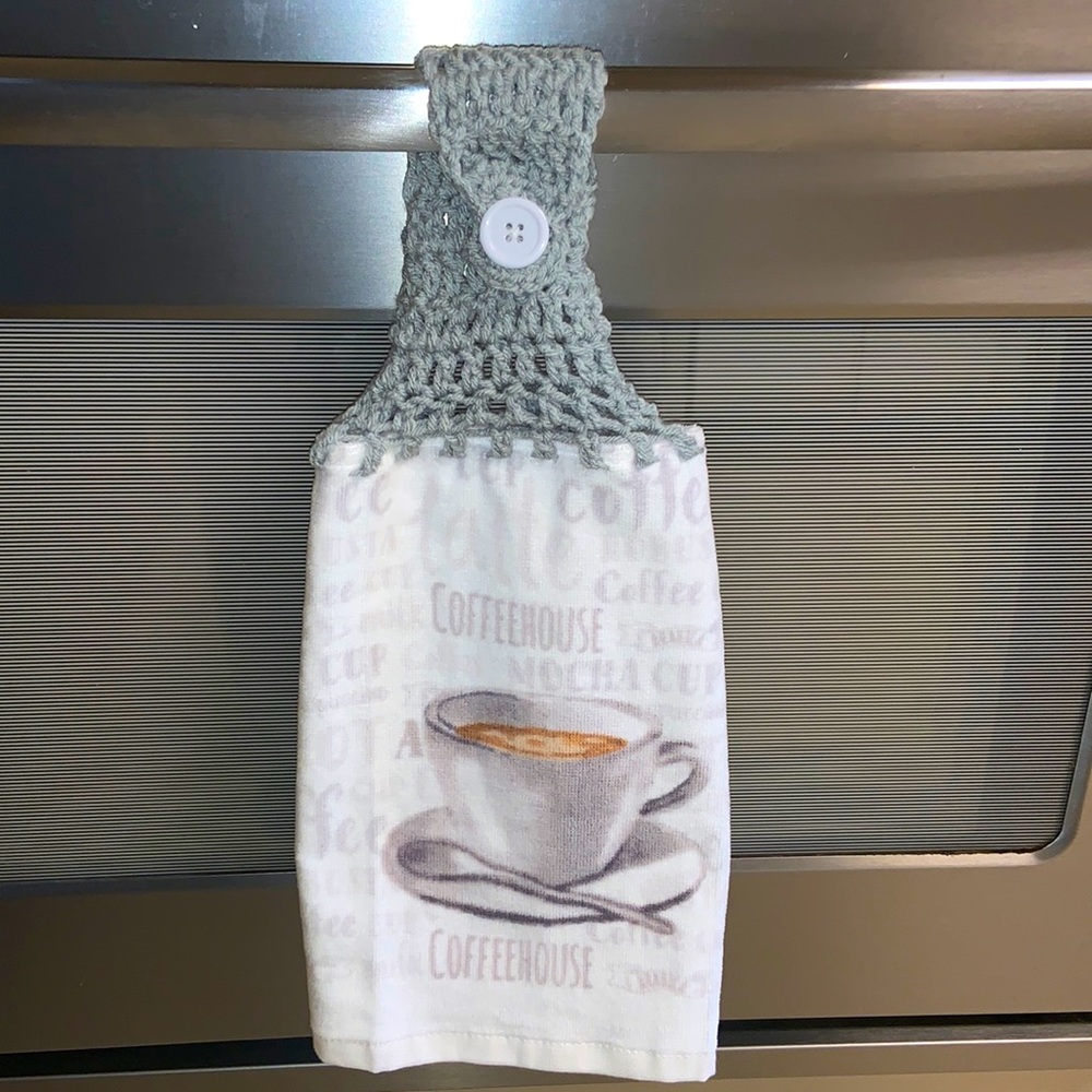Hand Crafted Crochet Top Coffee House Hanging Kitchen or Bathroom Hand Towel - Picture 6 of 7
